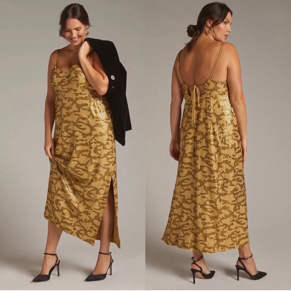ANTHROPOLOGIE GOLD SEQUIN EVENING DRESS • SIDE SLIT • SIDE ZIP • Sz 12